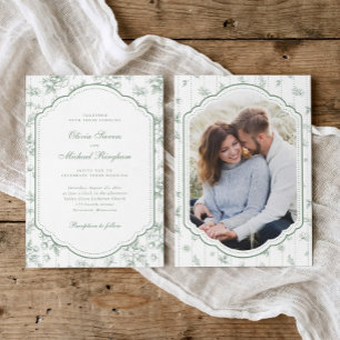 Vintage Sage Green Toile Frame Photo Wedding Invitation