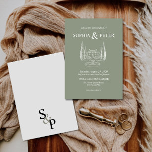 Vintage Sage Green Venue Illustration Wedding Invitation