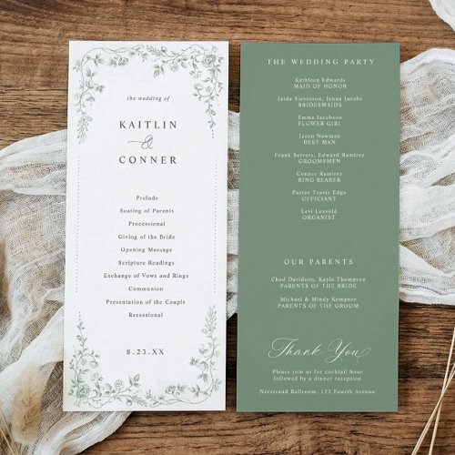 Vintage Sage Green Victorian Floral French Wedding Program