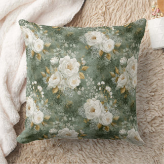 Vintage Sage Green Watercolor Rose Floral Throw Pillow