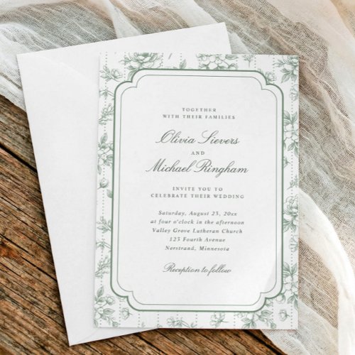 Vintage Sage Green Wedding French Toile Frame Invitation