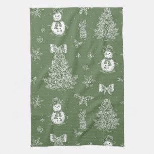 Vintage Sage Green Winter Toile Christmas (3) Kitchen Towel