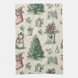 Vintage Sage Green Winter Toile Christmas Kitchen Towel