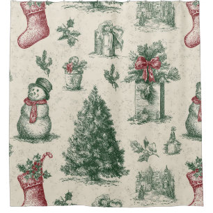 Vintage Sage Green Winter Toile Christmas Shower Curtain