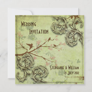 Vintage Sage Love Birds Wedding Invitation