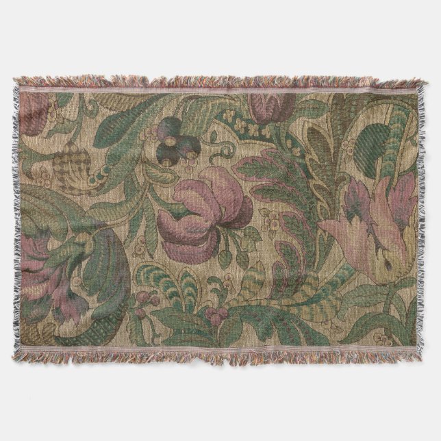 Vintage Sage Mauve 1918 Botanical Pattern Throw Blanket (Front)