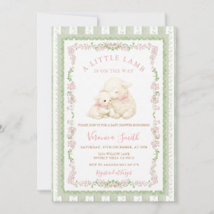 Vintage Sage Pink Little Lamb Baby Shower Stripes  Invitation