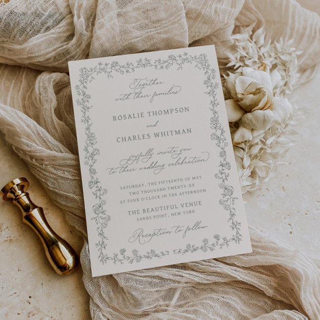 Vintage Sage Roses Frame Wedding  Invitation (Creator Uploaded)
