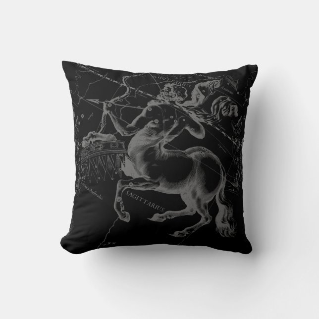 Vintage Sagittarius Constellation Black Hevelius Throw Pillow (Front)