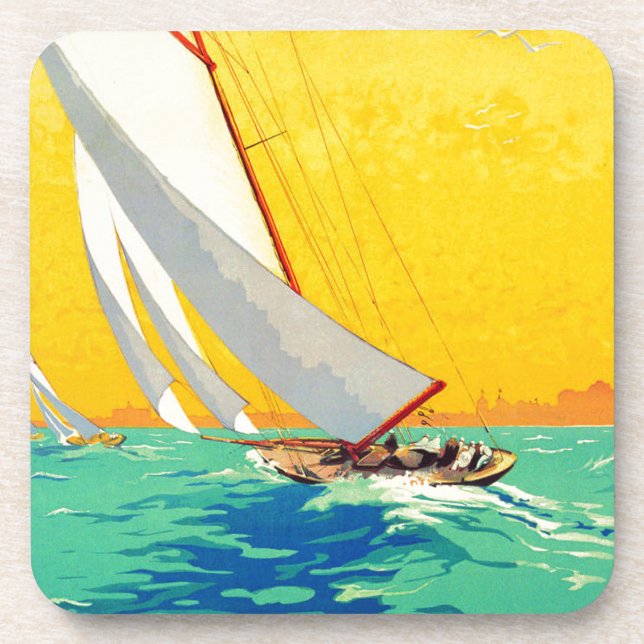 Vintage Sail Boats French Travel Drink Coaster (Front)