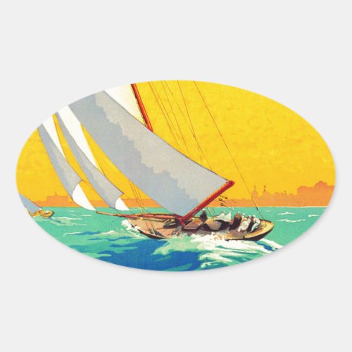 Vintage Sail Boats French Travel Oval Sticker