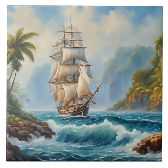 Vintage Sail Ship near Tropical Island  Ceramic Tile (Front)