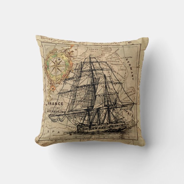 Vintage Sailboat & Compass  Throw Pillow (Front)