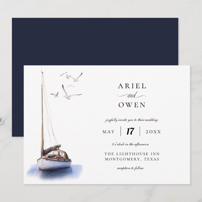 Vintage Sailboat Nautical Theme Wedding Invitation (Front/Back)