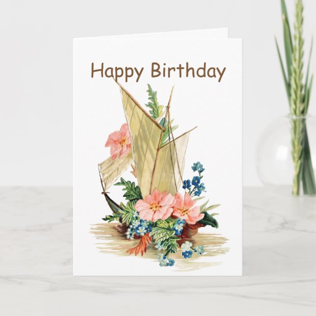 Vintage Sailboat with Flowers Birthday Card (Front)