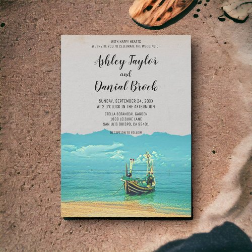 Vintage sailing boat coastal destination wedding invitation