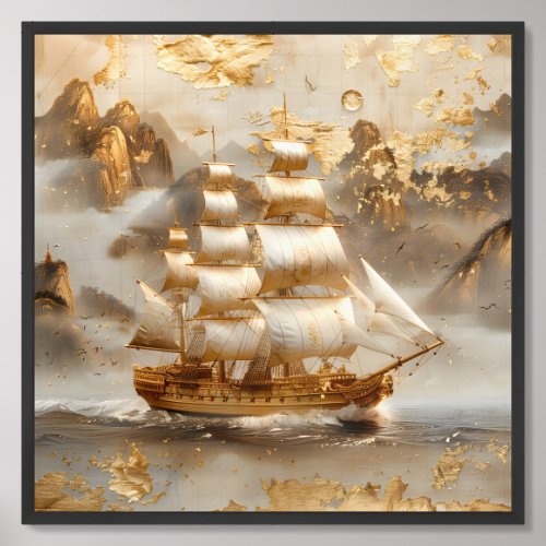 Vintage sailing ship and maps gold foil travel framed art
