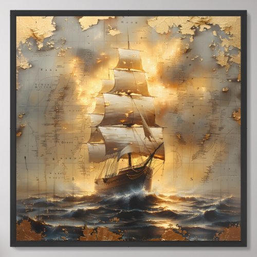 Vintage sailing ship and maps gold foil travel framed art