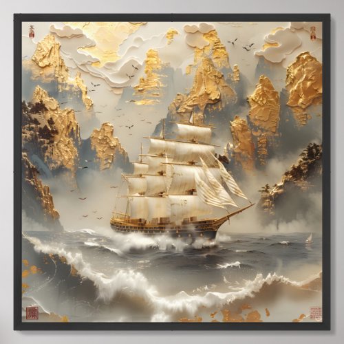 Vintage sailing ship and maps gold foil travel framed art