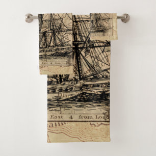 Vintage Sailing Ship and Old European Bath Towel Set