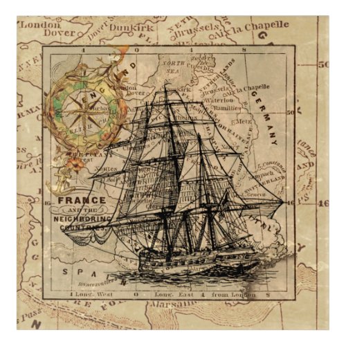 Vintage Sailing Ship and Old European Map Acrylic Print