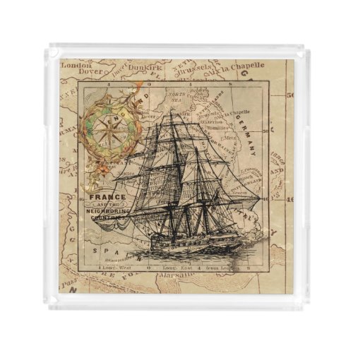 Vintage Sailing Ship and Old European Map Acrylic Tray