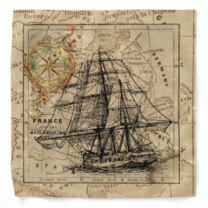 Vintage Sailing Ship and Old European Map Bandana