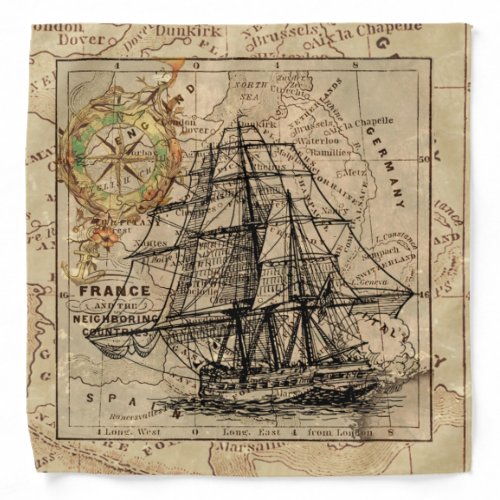 Vintage Sailing Ship and Old European Map Bandana