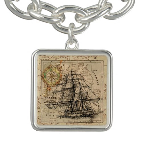 Vintage Sailing Ship and Old European Map Bracelet