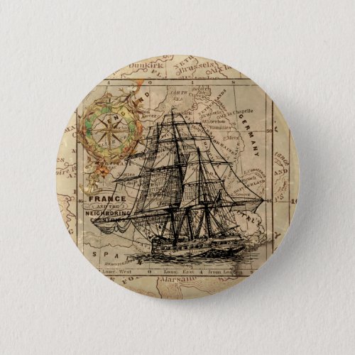 Vintage Sailing Ship and Old European Map Button