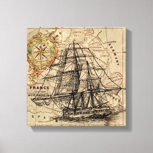 Vintage Sailing Ship and Old European Map Canvas Print