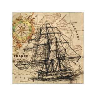 Vintage Sailing Ship and Old European Map Canvas Print