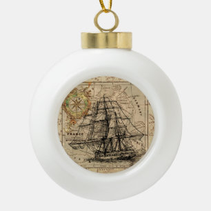 Vintage Sailing Ship and Old European Map Ceramic Ball Christmas Ornament