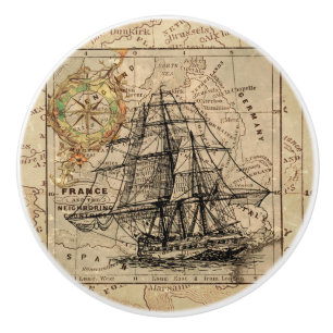 Vintage Sailing Ship and Old European Map Ceramic Knob
