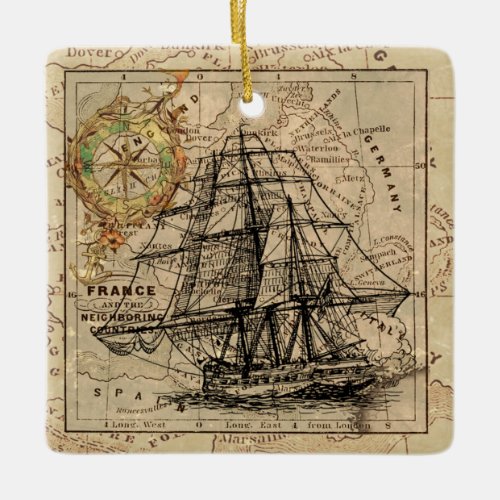 Vintage Sailing Ship and Old European Map Ceramic Ornament
