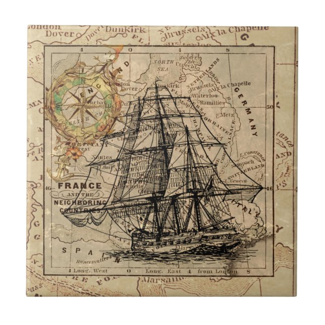 Vintage Sailing Ship and Old European Map Ceramic Tile (Front)
