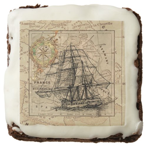 Vintage Sailing Ship and Old European Map Chocolate Brownie