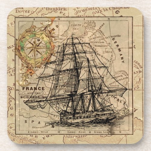 Vintage Sailing Ship and Old European Map Coaster