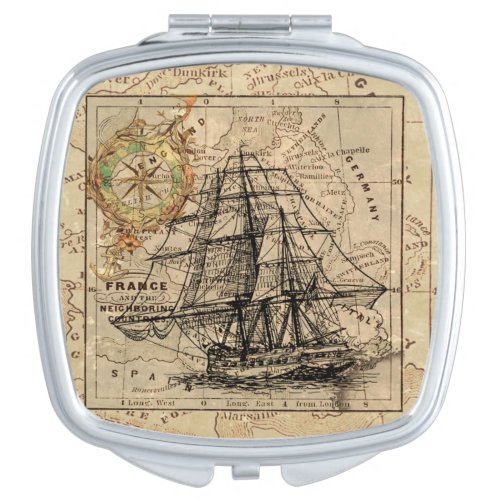 Vintage Sailing Ship and Old European Map Compact Mirror