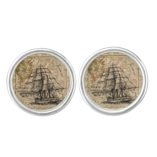 Vintage Sailing Ship and Old European Map Cufflinks