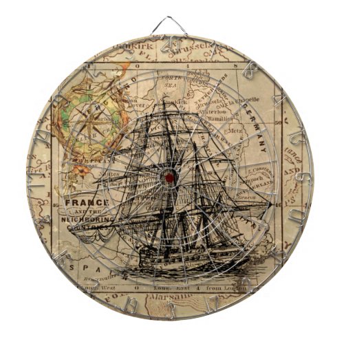 Vintage Sailing Ship and Old European Map Dartboard With Darts