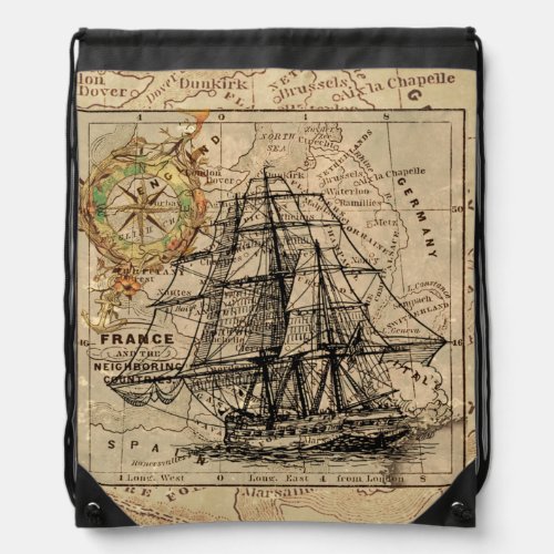 Vintage Sailing Ship and Old European Map Drawstring Bag