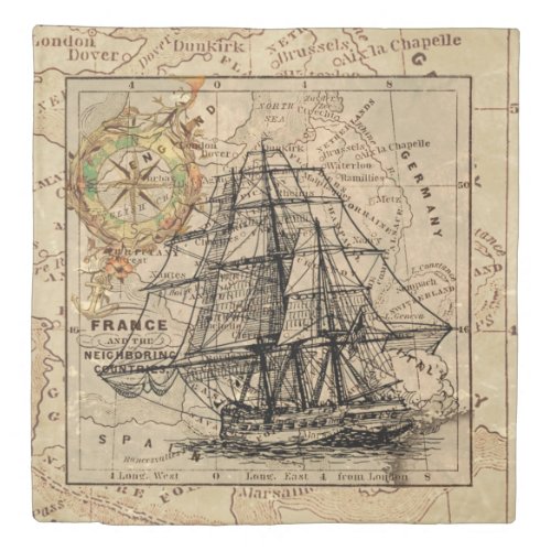 Vintage Sailing Ship and Old European Map Duvet Cover