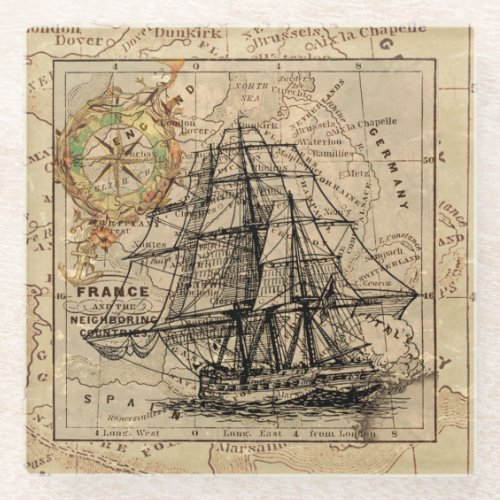 Vintage Sailing Ship and Old European Map Glass Coaster