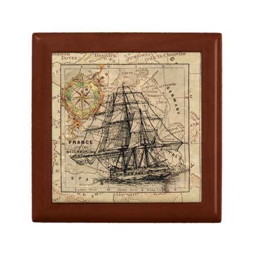 Vintage Sailing Ship and Old European Map Keepsake Box