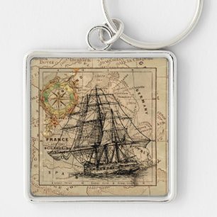 Vintage Sailing Ship and Old European Map Keychain