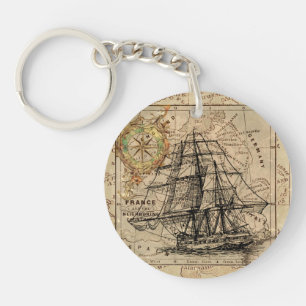 Vintage Sailing Ship and Old European Map Keychain