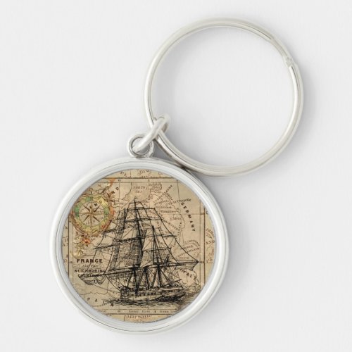 Vintage Sailing Ship and Old European Map Keychain