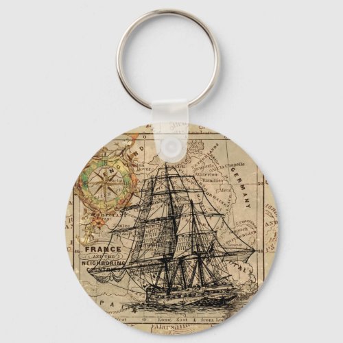 Vintage Sailing Ship and Old European Map Keychain