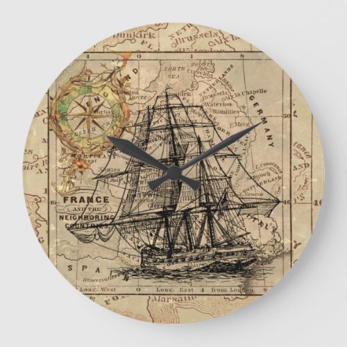 Vintage Sailing Ship and Old European Map Large Clock